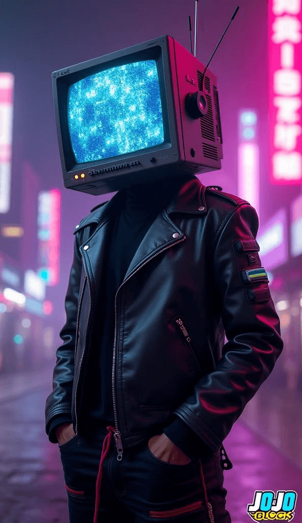 Person wearing a black leather jacket with a glowing television for a head