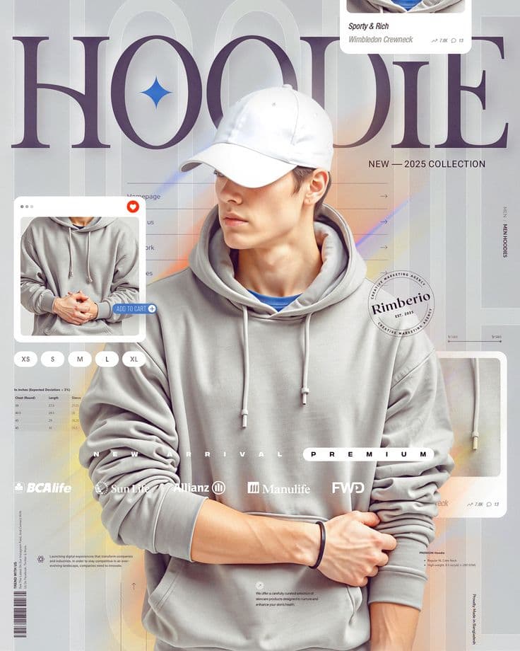 Model wearing a light grey hoodie and white cap