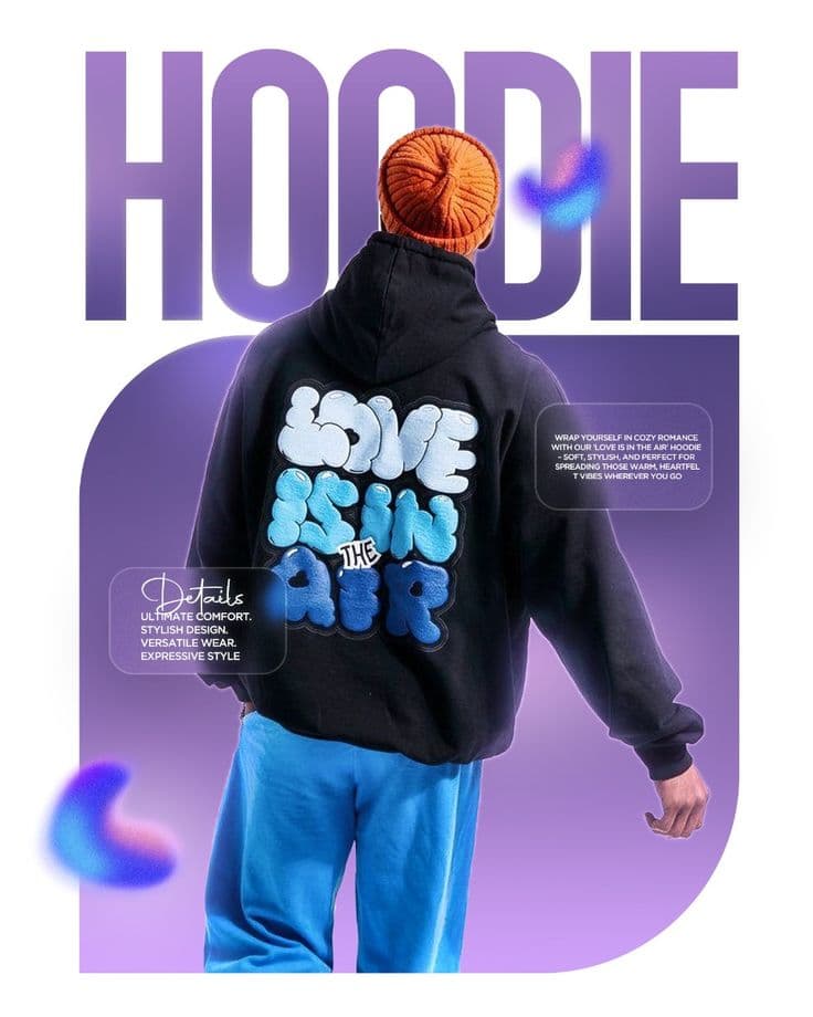 Black hoodie with a blue and white graphic on the back