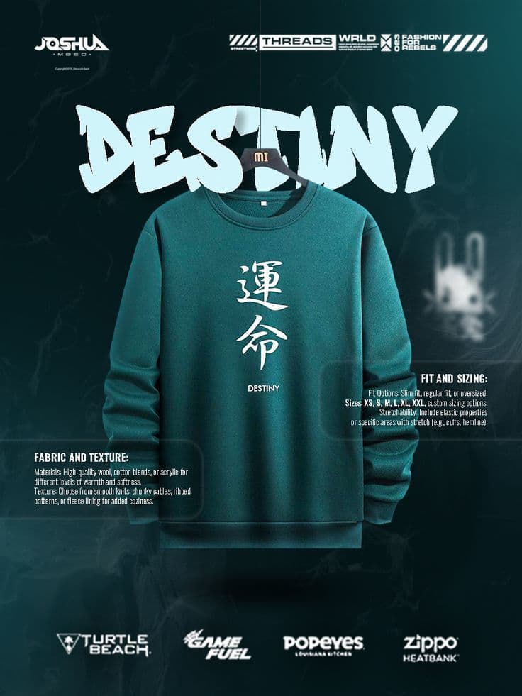 Teal Destiny sweatshirt with white Japanese lettering